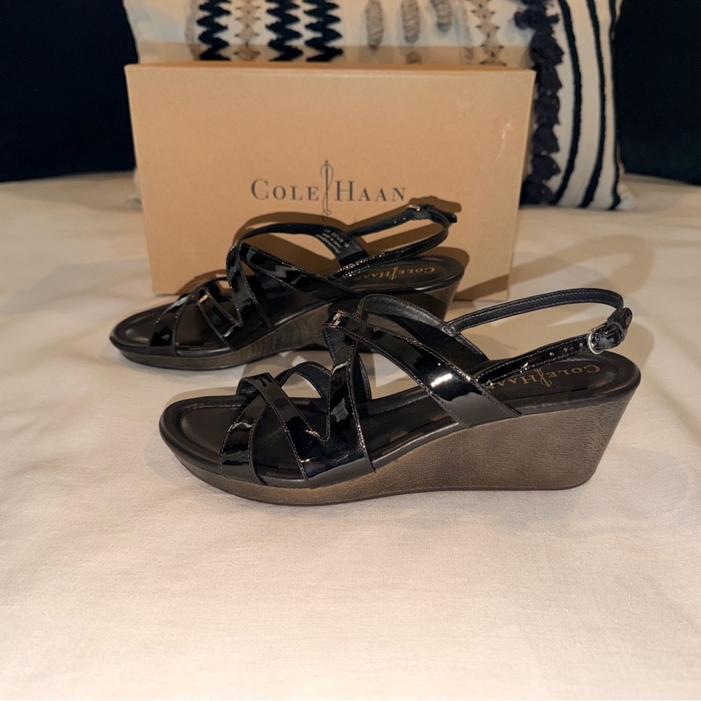 Cole Haan Black Leather Strappy Wedge Sandals Women’s 7.5 - Picture 5 of 6